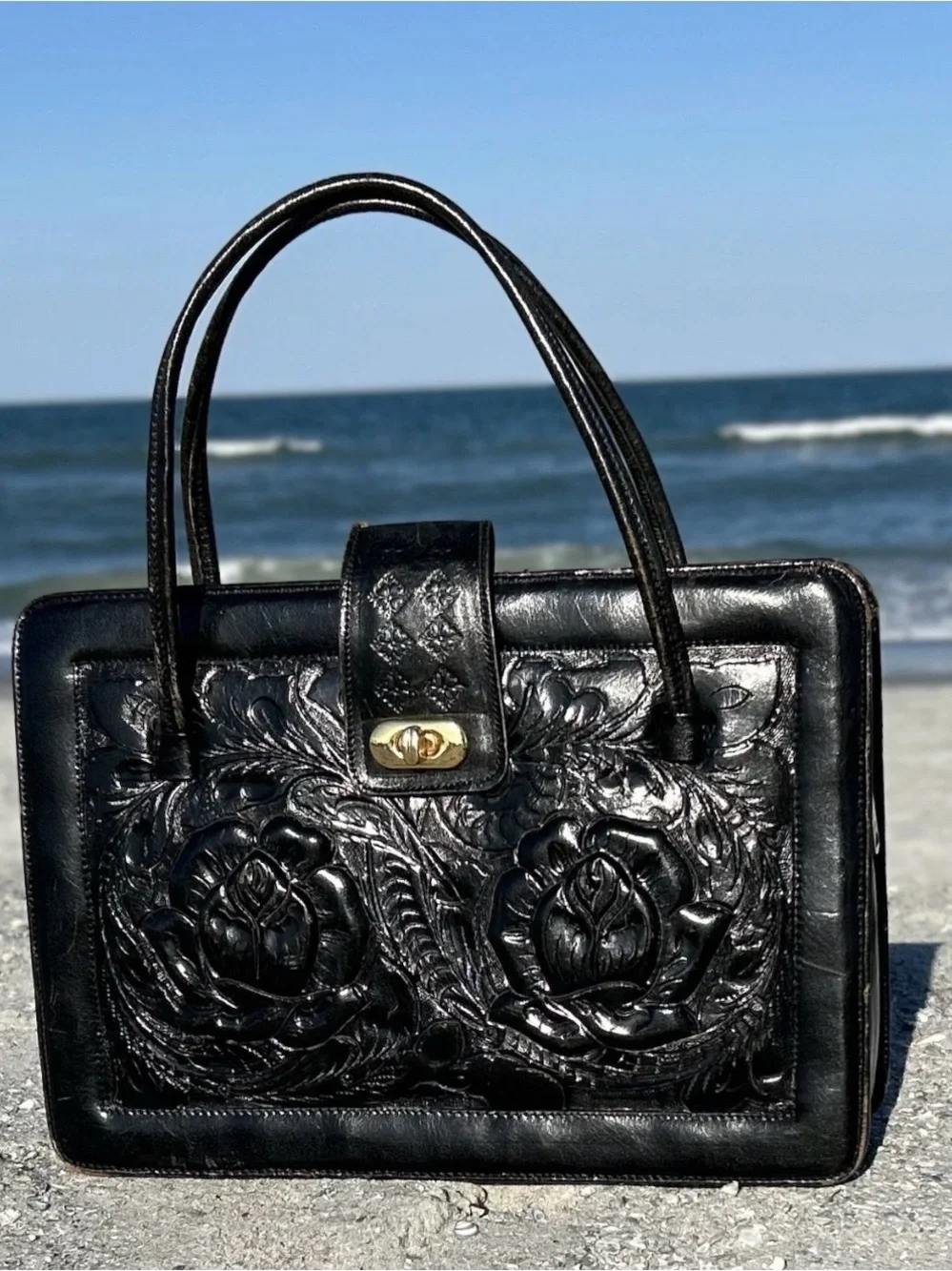 Classic Black Tooled Leather Tote Handbag made in Mexico